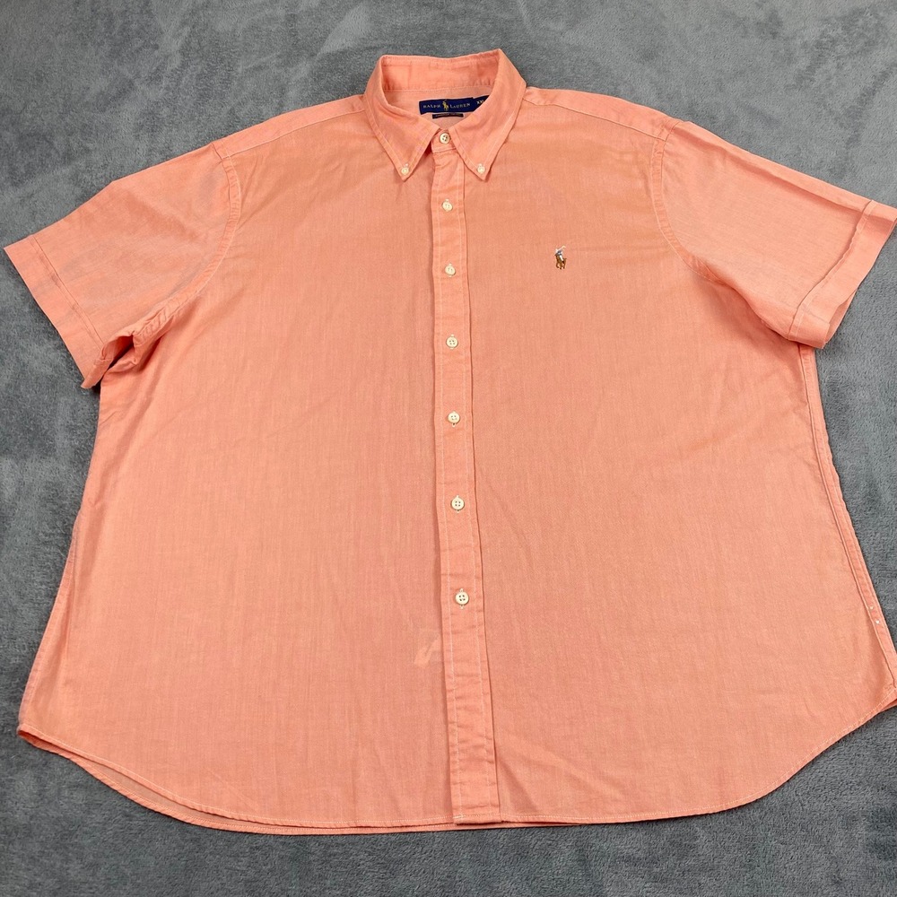 Ralph Lauren XXL Cotton Short Sleeve Chambray Oxford Shirt Orange Pony Cruise